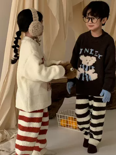 Детская демисезонная пижама, флисовое термобелье для мальчиков подходит для мужчин и женщин, бархатный комплект, увеличенная толщина, с медвежатами, семейный стиль