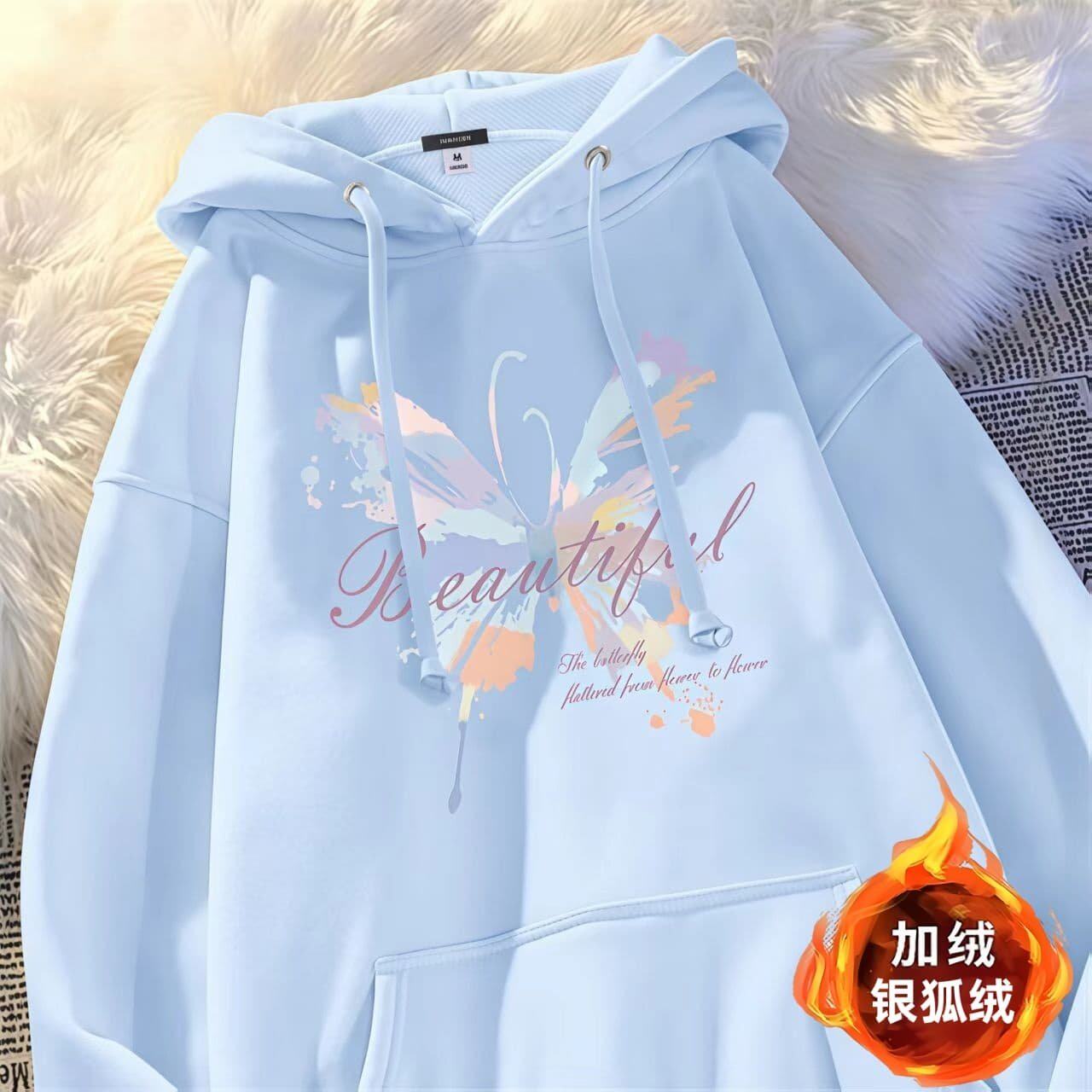 女童甜美风天蓝色纯棉连帽卫衣秋冬连帽加绒宽松百搭女孩学生外套