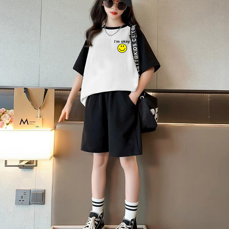 女童纯棉套装洋气时髦短袖中大童夏季2025新款运动五分短裤两件套