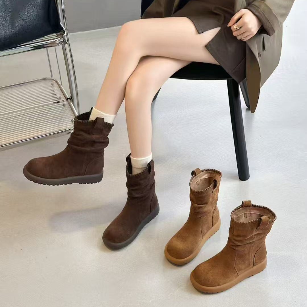 斯多亚派真皮堆堆靴大码女靴