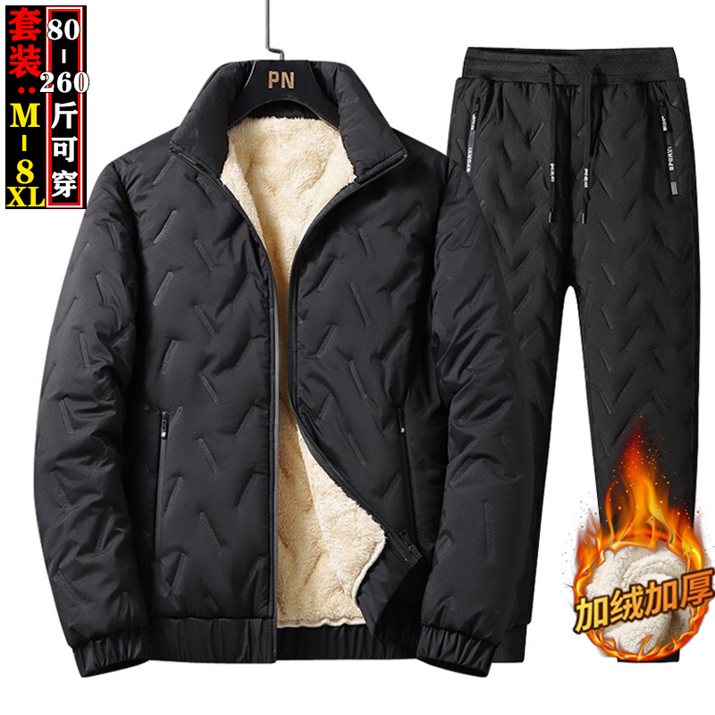 冬季休闲长裤套装男士羊羔绒外套胖子棉衣加绒加厚大码保暖衣棉裤