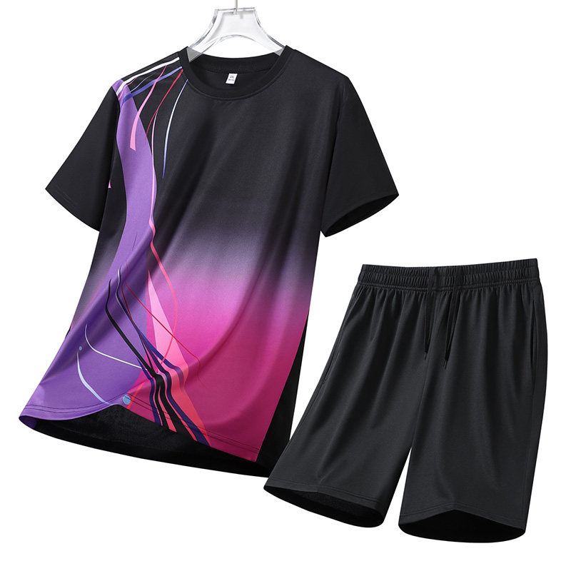 青少年短裤套装夏装潮牌速干短袖T恤男渐变休闲运动服跑步两件套