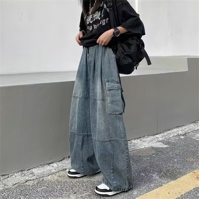 阔腿抽绳牛仔裤美式oversize