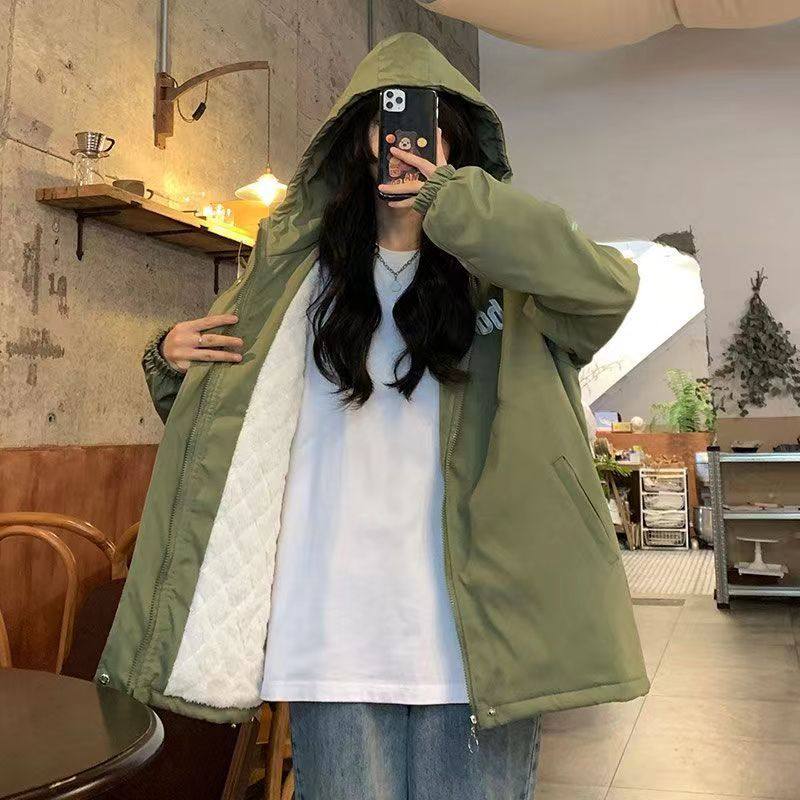 美式机能冲锋衣女加绒加厚冬季羊羔毛外套oversize情侣装机车夹克
