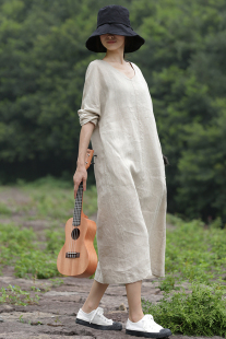 东方豆蔻新款 春夏本麻色亚领手工绣V领宽松连衣裙长裙子袍子