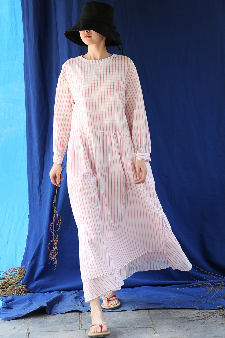 东方豆蔻原创设计新款格子条纹长袖连衣裙女式夏丝棉长裙袍子-封面