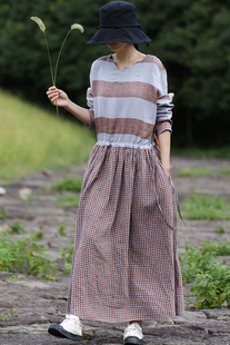 东方豆蔻原创设计色织亚麻棉麻天蓝咖拼接女式 连衣裙长裙袍子