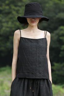 东方豆蔻夏季清凉黑色薯莨染香云纱多拼块手工拱针线吊带背心