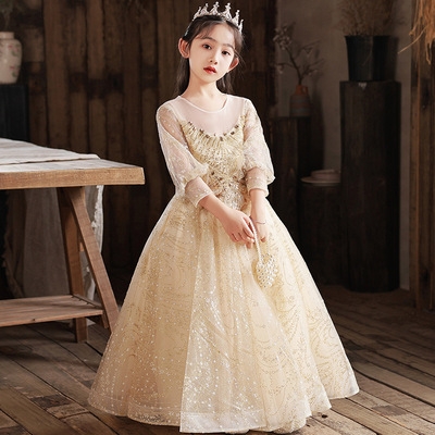 花童高端礼服小女孩长袖简约公主裙女大童钢琴主持人演奏演出长裙