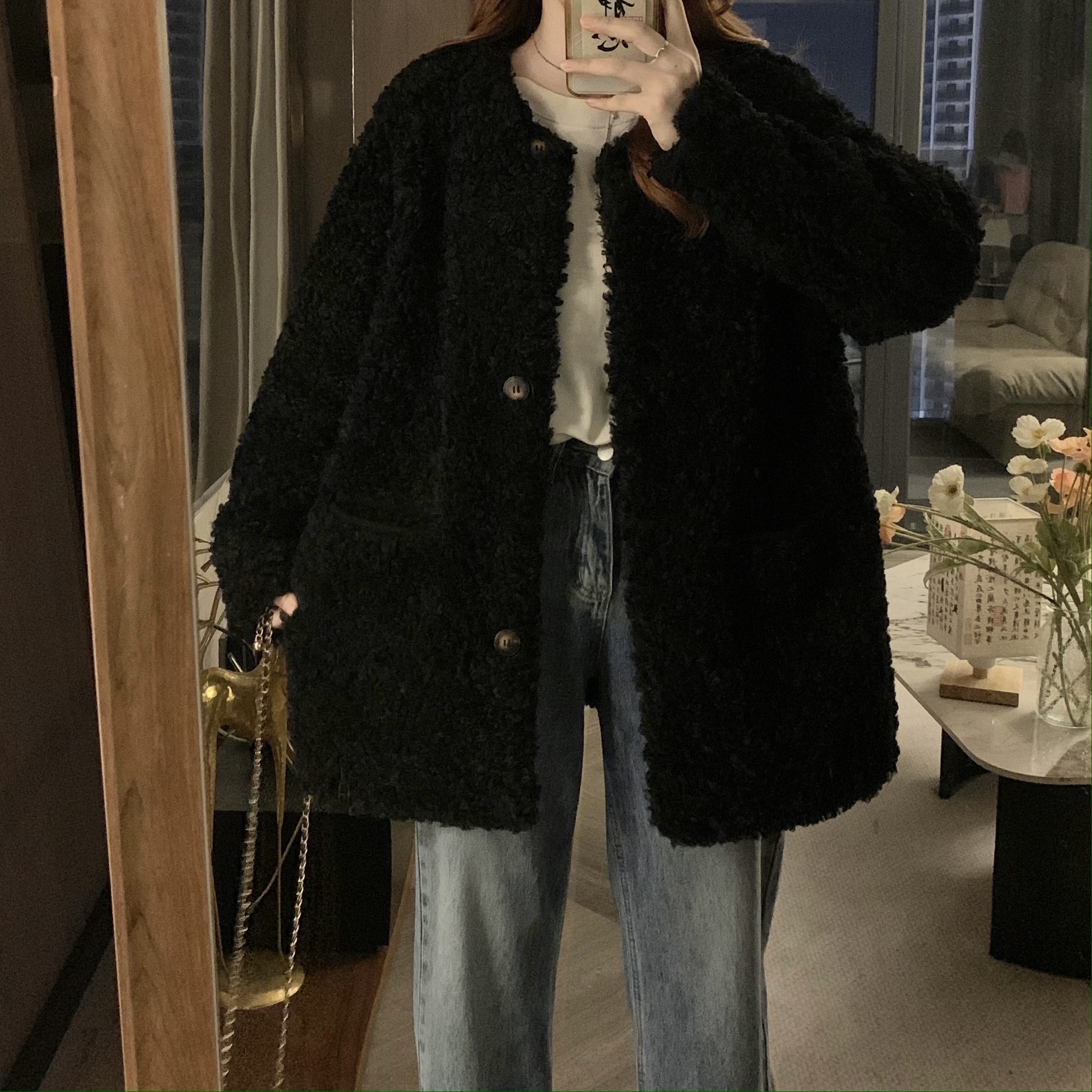 仿羊羔绒兔毛绒中长款圆领外套女