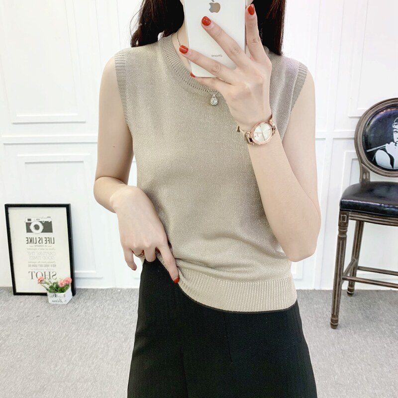春夏大码百搭打底衫无袖宽松圆领外穿针织小吊带背心女亮丝马甲