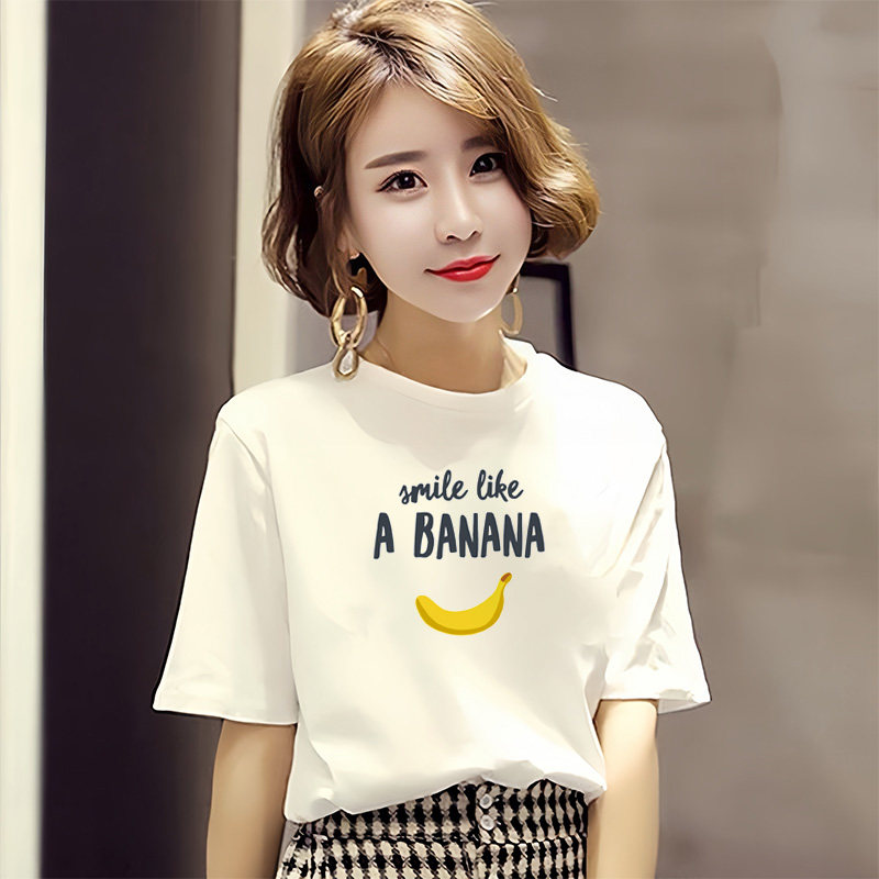 2026夏季新款白色圆领印花纯棉短袖t恤女百搭宽松显瘦时尚上衣潮