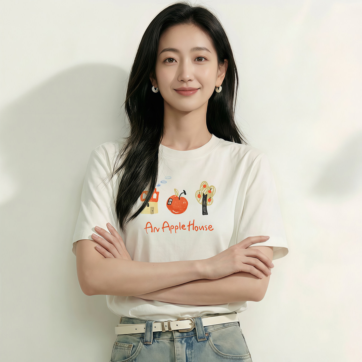 夏季新款白色纯棉短袖T恤女苹果印花圆领宽松显瘦百搭上衣体恤