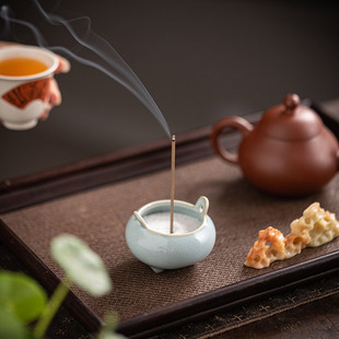 中式陶瓷汝窑三足线香炉禅意仿古线香插香座家用室内迷你香炉摆件