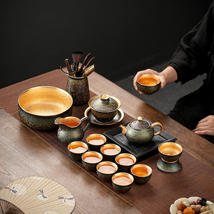 整套功夫茶具办公家用茶壶盖碗茶杯茶具礼盒送礼 高端鎏金茶具套装
