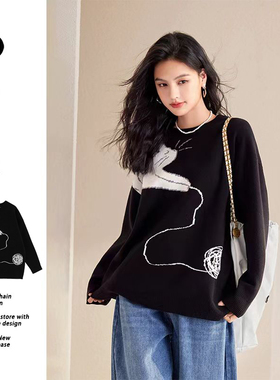 BreachHole黑色温柔风软糯毛衣猫咪日慵懒复古奶系穿早秋套头长袖