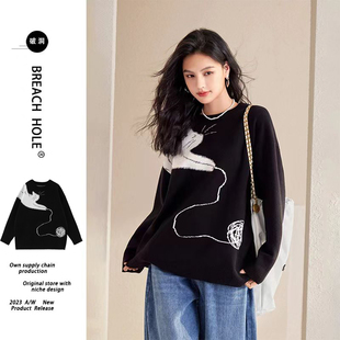 BreachHole黑色温柔风软糯毛衣猫咪日慵懒复古奶系穿早秋套头长袖