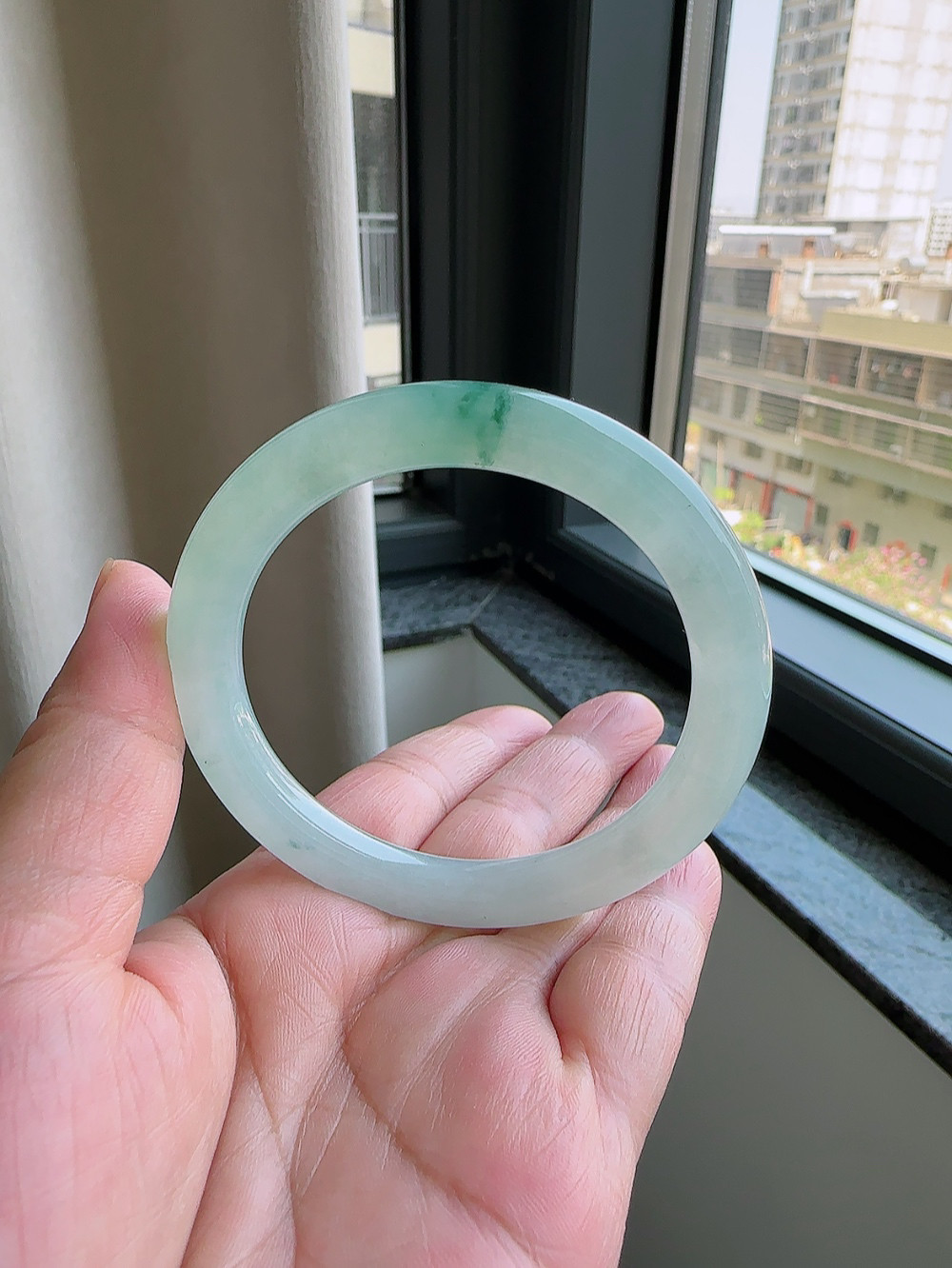 天然翡翠缅甸A货54圈冰糯种水润飘花圆条手镯尺寸54.2*8.8m美人镯