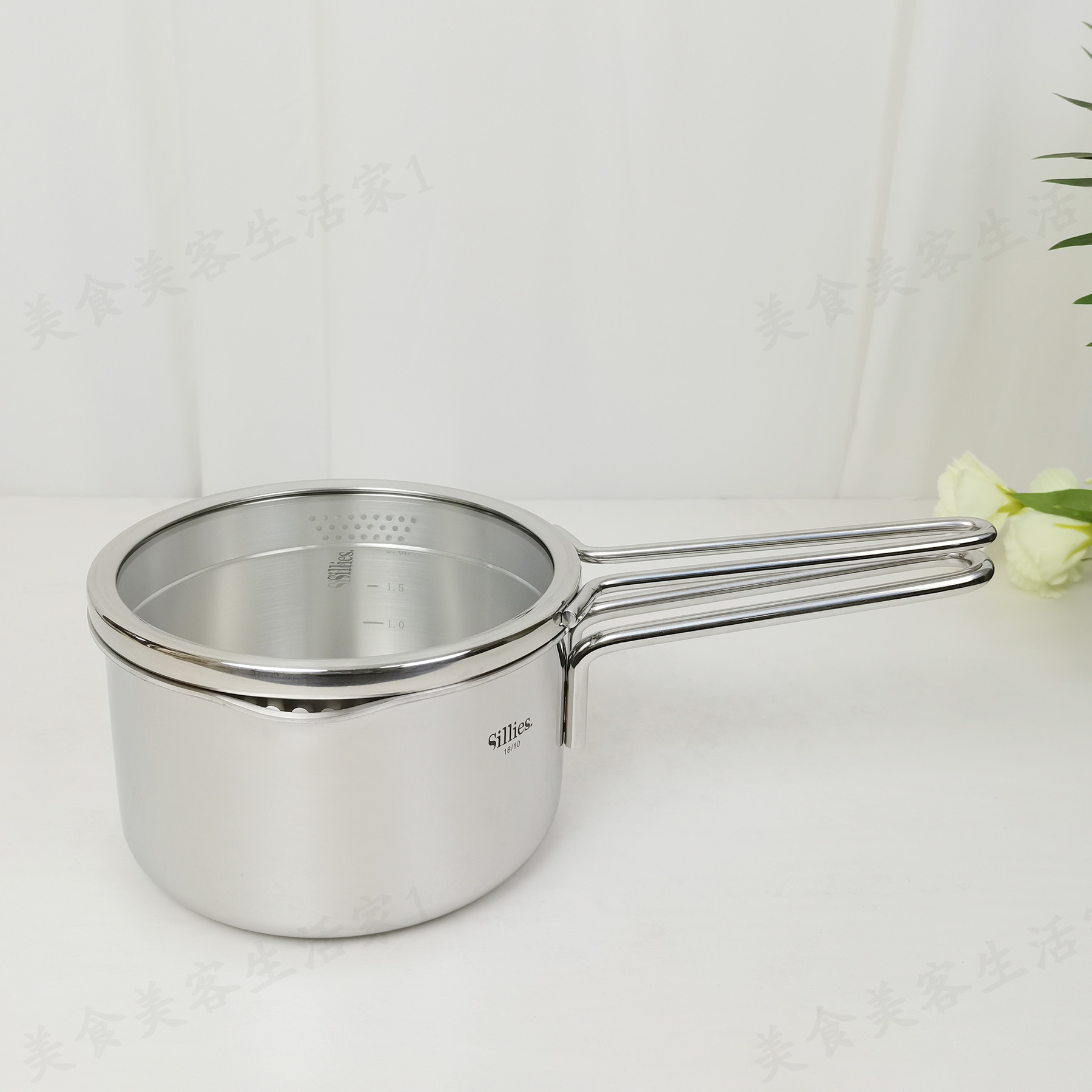 加厚18/10不锈钢奶锅可视沥水盖