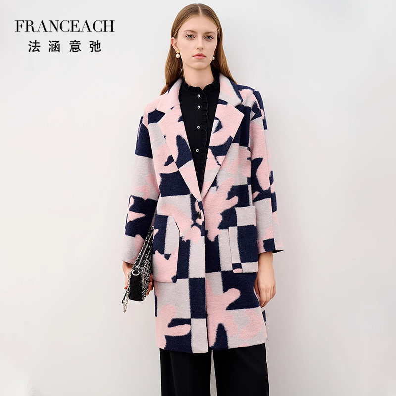 法涵意弛法式花色羊毛大衣女宽松中年几何印花西装领通勤毛呢外套