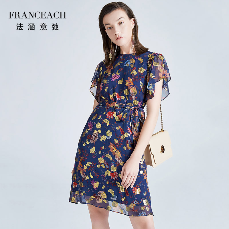 法涵意弛短款金丝桑蚕丝荷叶袖连衣裙系带收腰熟女印花真丝碎花裙
