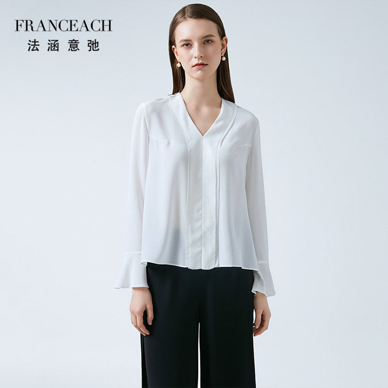法涵意弛v领白色真丝上衣女宽松直筒设计感套头喇叭袖桑蚕丝衬衫