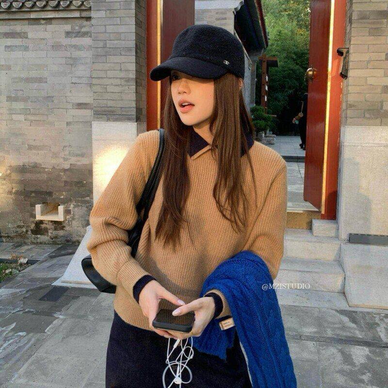 MZI STUDIO秋冬女韩版简约风百搭柔软套头拼色翻领长袖毛衣A80388