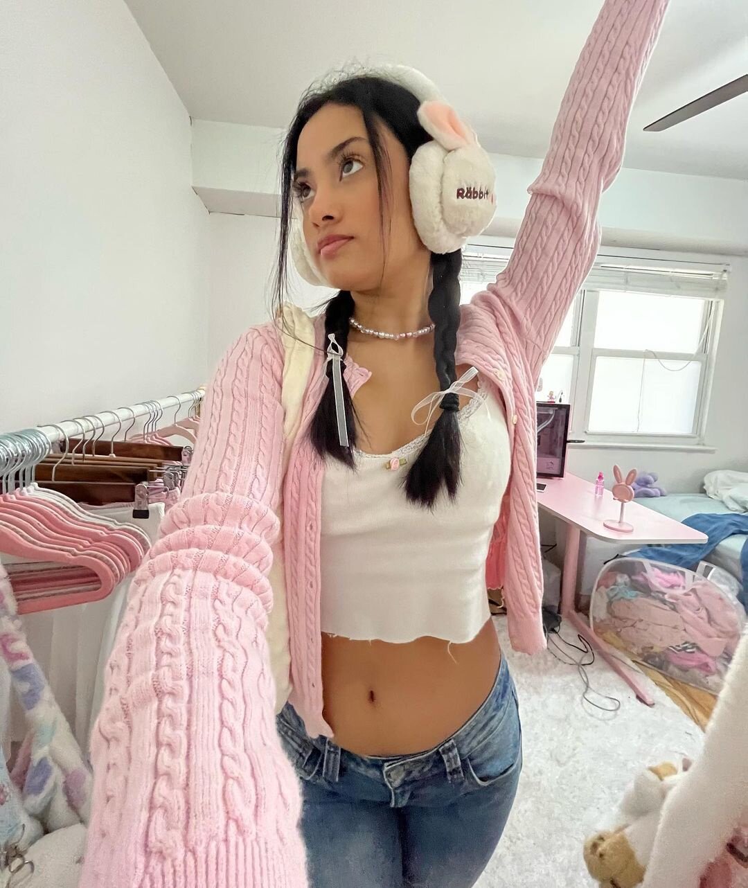 대외 무역 달콤한 멋진 귀여운 토끼 Y2K 밀레니엄 뜨거운 소녀 KT 고양이 겨울 따뜻한 플러시 귀 따뜻한 귀마개 여성을위한