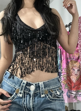 y2kslut欧美ins个性小众时髦辣妹性感亮片演出夜店挂脖流苏上衣