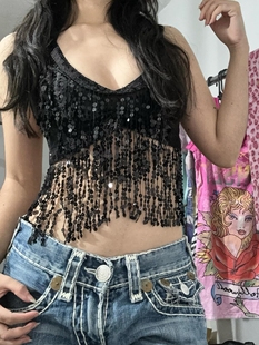 y2kslut欧美ins个性 小众时髦辣妹性感亮片演出夜店挂脖流苏上衣