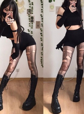 y2kslut欧美ins辣妹一次性丝袜 手撕破洞镂空超薄性感黑丝女丝袜