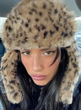 Y2kslut欧美ins个性小众时髦辣妹豹纹毛绒帽子雷锋帽显脸小女