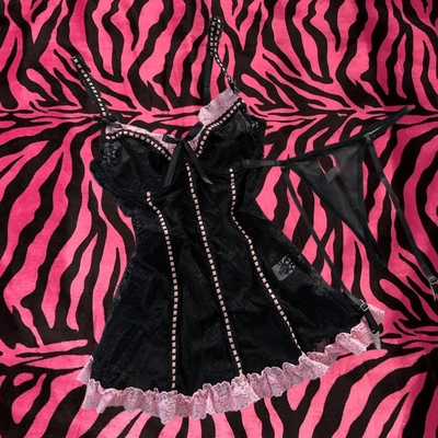 y2kslut外贸性感蕾丝纯欲辣妹吊带睡裙透视家居服内衣套装女