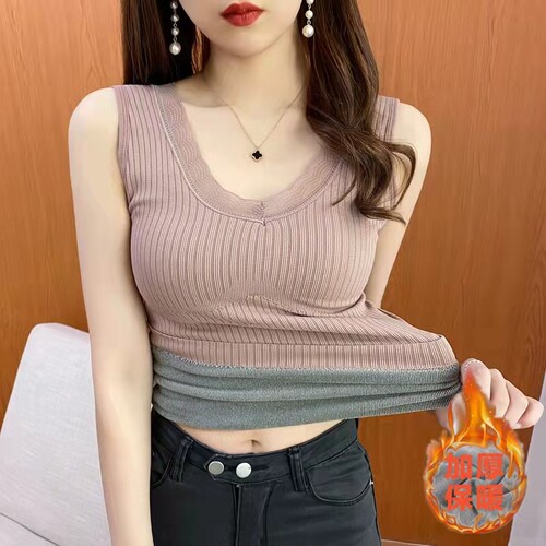 冬季保暖背心女加绒加厚蕾丝V领性感打底上衣 胸垫一体式塑身文胸