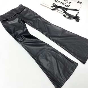 女裤 ins博主款 显瘦黑色微喇拖地时髦皮裤 低腰pu皮喇叭裤 辣妹修身