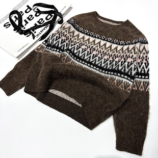 小众街拍美式复古拼色花纹圆领套头毛衣古着风格宽松针织衫毛衫女