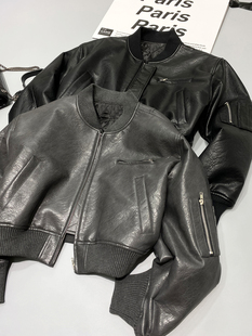 高街美式复古辣妹夹棉飞行员皮衣夹克PU皮加厚做旧皮棒球服外套女