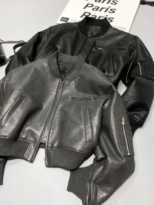 欧美高腰长袖皮棉衣宽松短款