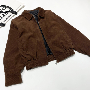 复古条绒棒球服开衫 ins博主款 美拉德收腰翻领灯芯绒夹克外套工装