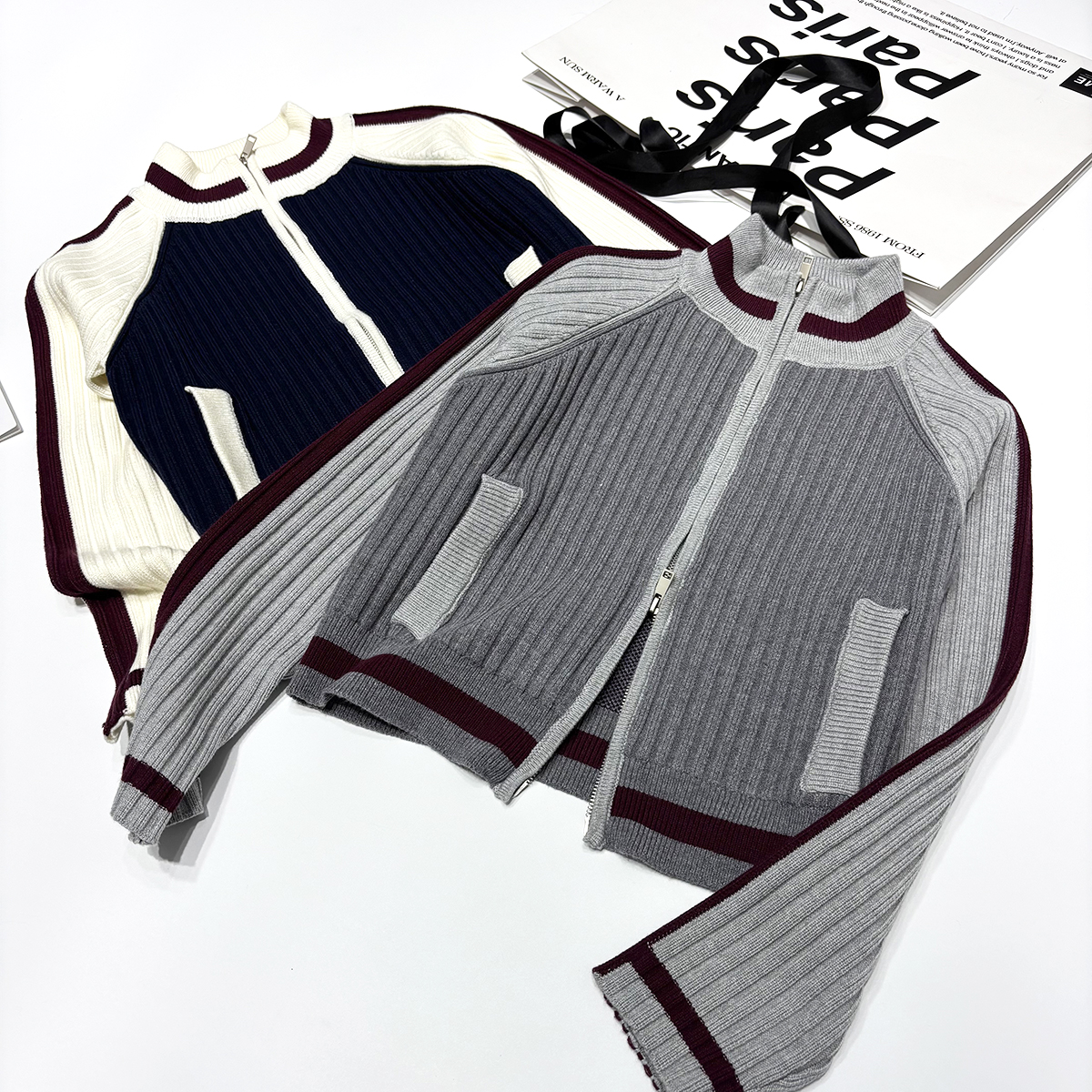 小众大牌风后背字母图案运动风拉链长袖毛衣开衫立领撞色针织衫女