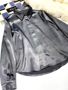 高街大牌风灰色丝缎质感衬衫 衬衣光泽感醋酸上衣女 仿绸缎亮面长袖