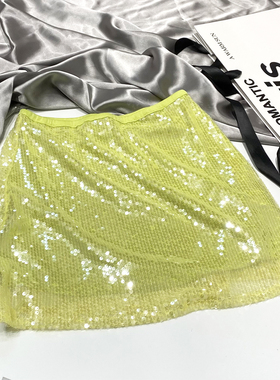 高街大牌风辣妹夜店窄边腰超短亮片半身裙时髦亮闪闪黄色短裙半裙
