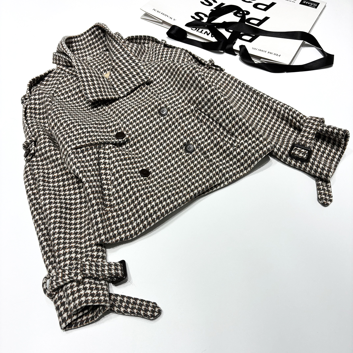 小众设计感英伦风复古格子毛呢外套短款翻领双排扣千鸟格呢子大衣