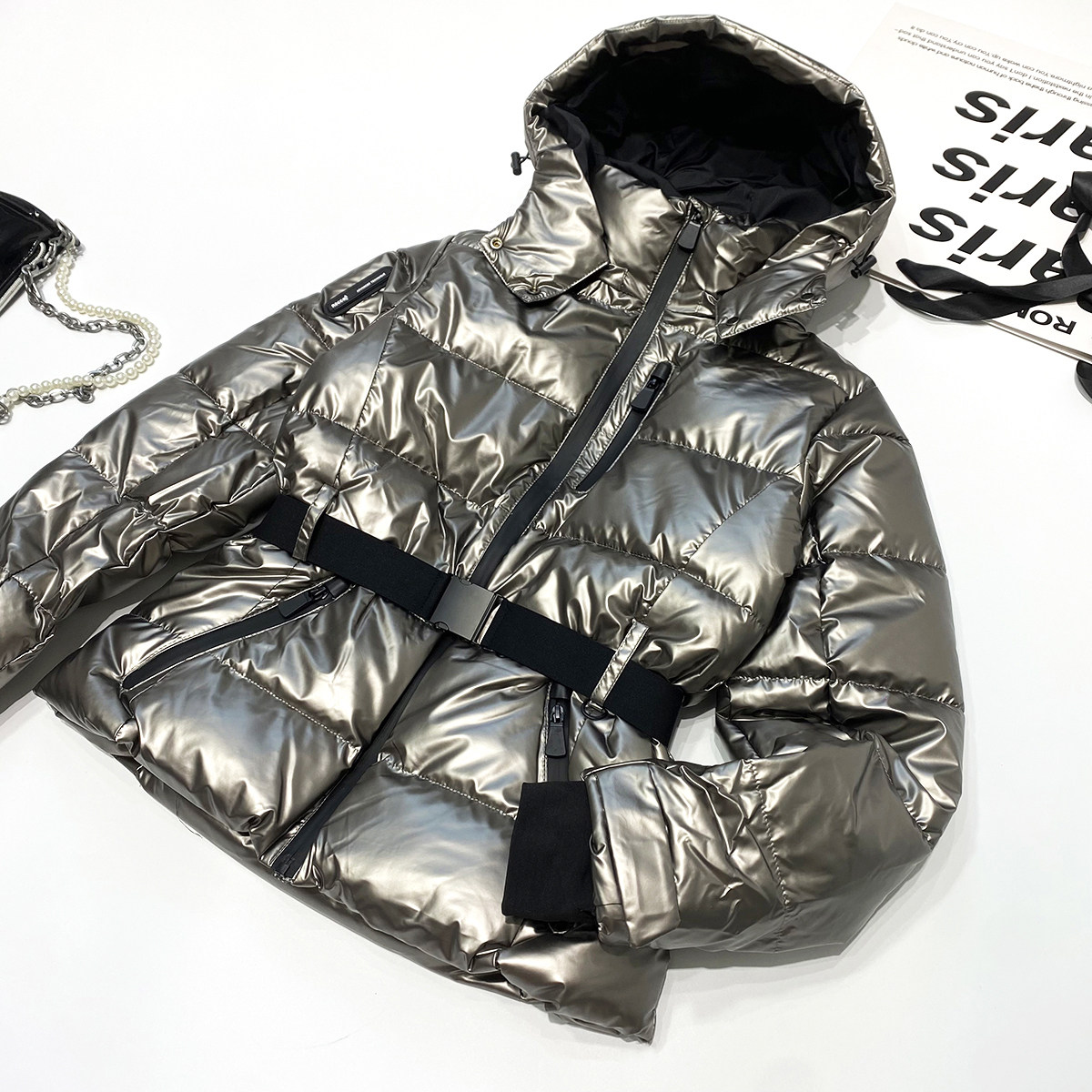 高街大牌风滑雪羽绒棉棉服腰带收腰金属光泽银色亮面连帽棉衣外套