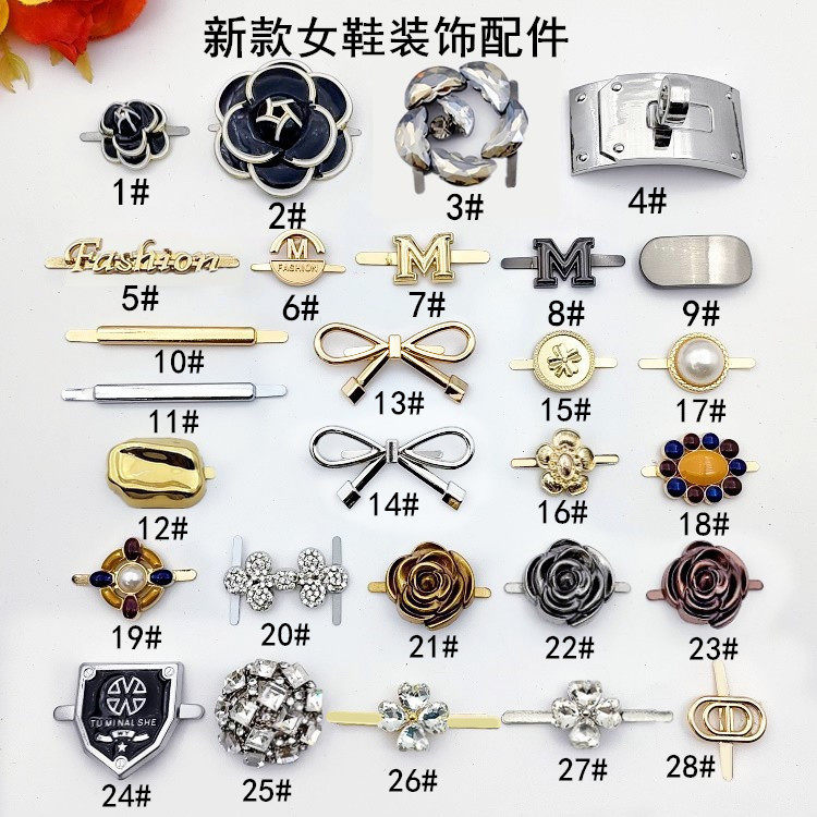 新款女鞋子上装饰品鞋扣配饰山茶花朵金属水钻夹趾包包字母标牌扣