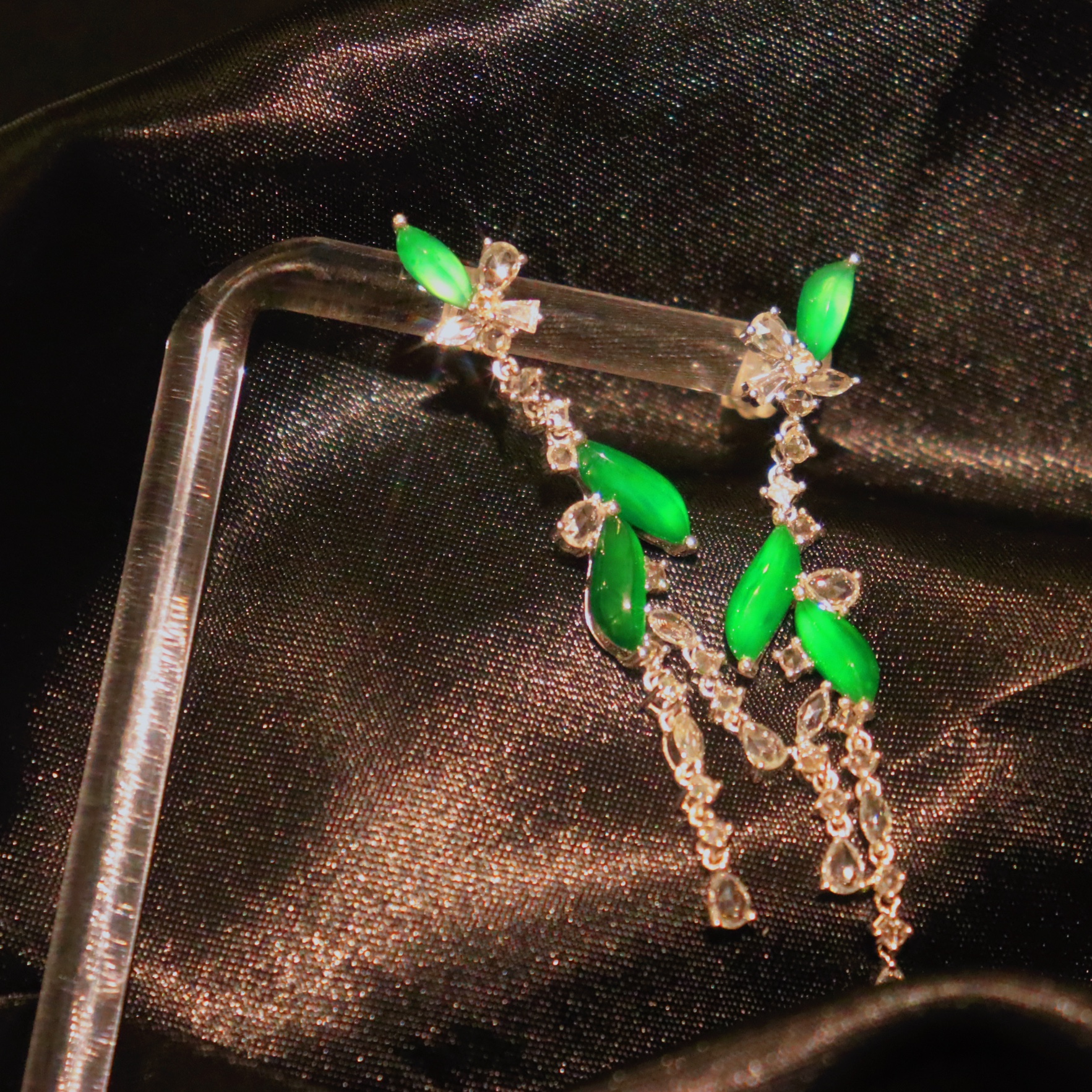 此心日月原创天然翡翠A货满绿帝王绿色标级随行叶子耳环耳饰耳坠