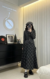 2025冬季新款大码女装韩系气质高级收腰外套半身裙格子时尚套装