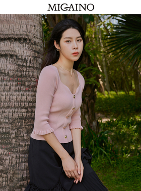 曼娅奴设计感针织衫女2023早秋新款方领修身七分袖上衣MN34KW601