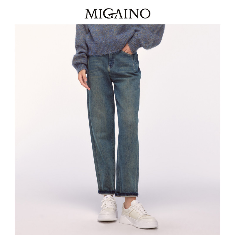 Migaino曼娅奴女装24年冬款复古做旧薄绒水洗牛仔直筒裤MO42NC021,女装/女士精品,牛仔裤,淘宝优惠券,粉丝福利购,淘宝优惠卷