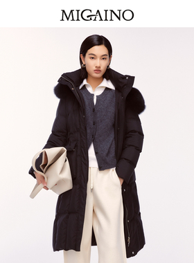 Migaino曼娅奴女装2024年冬季新款连帽中长款过膝羽绒服MO42IB047